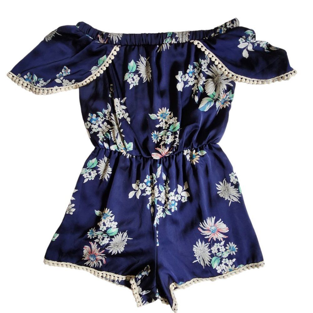 Ces Femme blue white green floral print shorts romper sz M